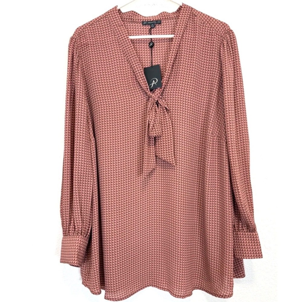 Adrianna Papell Rose Pink Printed Clip Dot Tie Neck Tunic Blouse 2X